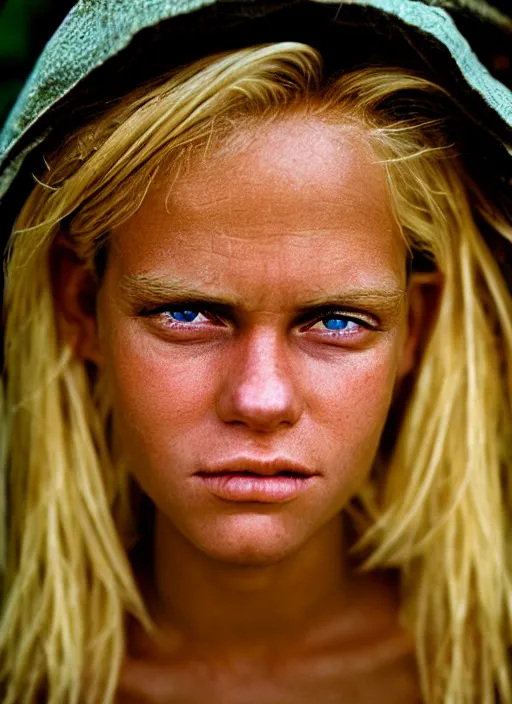 Prompt: kodak portra 400, photographic extreme close-up face of a beautiful woman with blond hair , photographed by Steve McCurry , high quality, complementary colors .