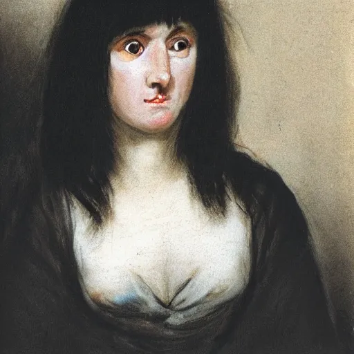 Prompt: paleskinned girl with dark hair and bangs. the corners of the eyes are turned down. there is a puncture in the nose and a ring is inserted by francisco goya, dark picture