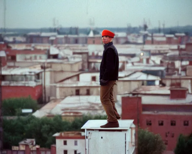 Image similar to lomo photo of man standing on the roof of soviet hrushevka, small town, cinestill, bokeh, out of focus