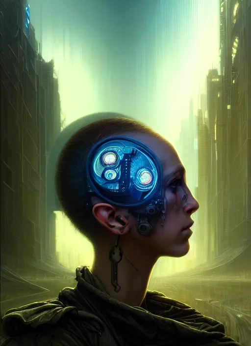 Prompt: portrait shot of cyberpunk teenager in a scenic dystopian environment, intricate, elegant, highly detailed, centered, digital painting, artstation, concept art, smooth, sharp focus, illustration, artgerm, tomasz alen kopera, peter mohrbacher, donato giancola, joseph christian leyendecker, wlop, boris vallejo