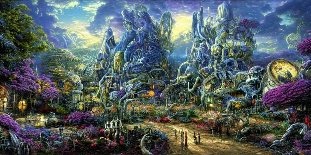 Prompt: !dream a beautiful alien landscape with strange life forms, high realistic high detailed painting by Thomas Kinkade and H. R. Giger