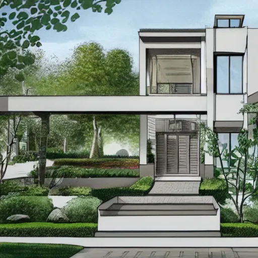 Image similar to an architectural drawing of a modern house with a courtyard, detailed, lush,