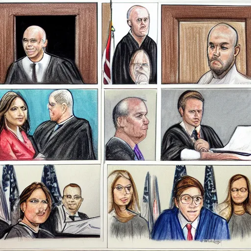 Prompt: courtroom sketch, defendant and lawyer portraits