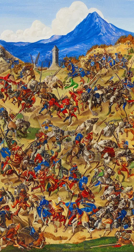 Image similar to colorful simple wideshot of a small medieval battle in front of a beautiful large blue mountainscape, painting