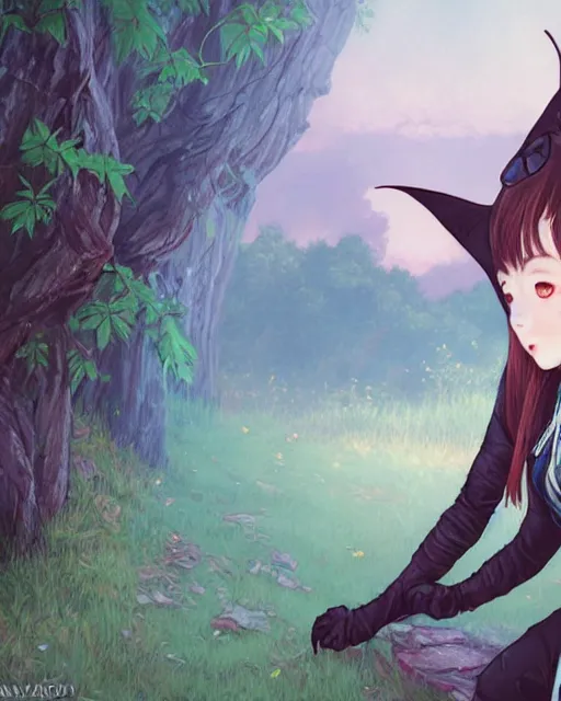 Image similar to a girl in a cute bat costume on a hike in the appalachian mountains, full shot, focused, ambient lighting, detailed, art by ayami kojima, makoto shinkai, kilian eng