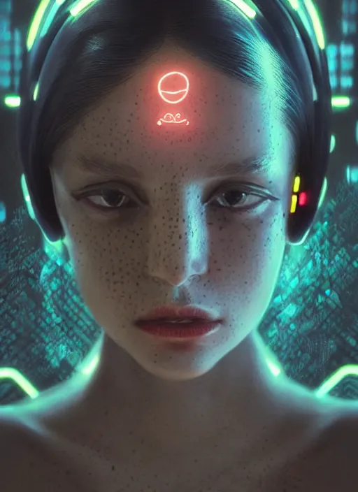 Image similar to a sensual caucasian female humanoid with freckles, cyber neon lighting, futurism, intricate futuristic jewelry accessories, cyberpunk high fashion, profile posing, hyper photorealistic, crispy quality, digital photography, trending in artstation, trending in pinterest, cinematic, 4 k ultra hd, art by pascal blanche, art by greg rutkowski,