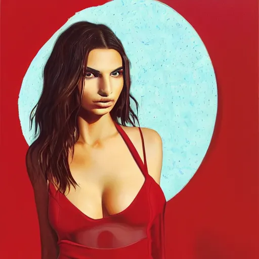 Image similar to Emily Ratajkowski model with beautiful face and full physically accurate body laying in a blood red pool of water between a bright golden glowing mirror frame, outside is space and inside the mirror frame is a beautiful landscape. Hyperrealistic surreal 4K IMAX Rene Margritte, intricate, elegant, highly detailed, digital painting, artstation, concept art, smooth, sharp focus, illustration, art by artgerm, Francis bacon, HR Giger and greg rutkowski and alphonse mucha