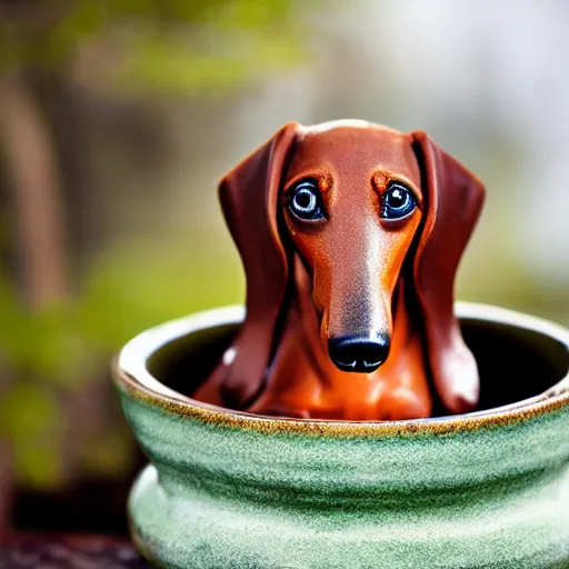 Image similar to Professional photograph of a deformed dachshund growing in a bonsai pot