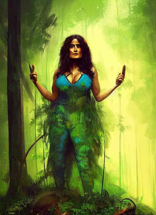 Image similar to portrait of salma hayek as jungle queen, green and blue hour, forest, by ismail inceoglu