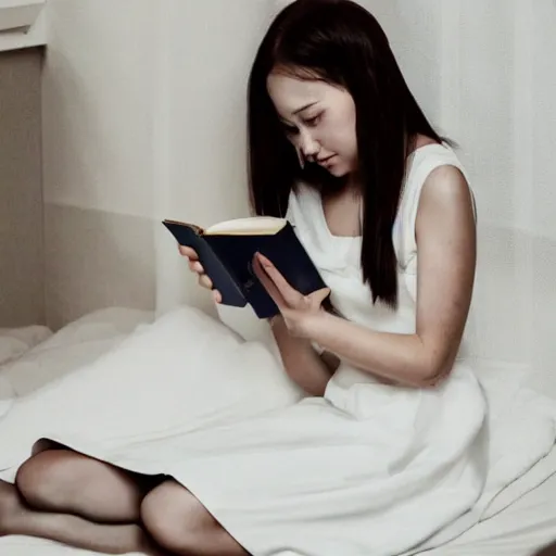 Image similar to a woman in a white dress is reading a book, a screenshot by jin homura, tumblr contest winner, romanticism, movie still, lighthearted, contest winner,