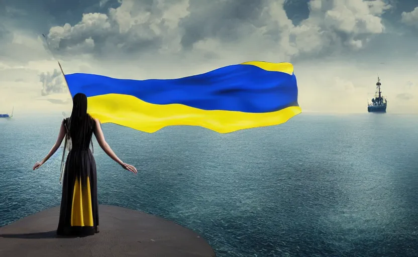 Image similar to cinematic shot from behind of a beautiful girl in national blue and yellow dress with beautiful hair standing against and facing a huge realistic detailed Russian warship on the horizon. She is ready to fight. Ukrainian flag on the left side, concept art, сinematic lighting, insanely detailed, smooth, sharp focus, Artstation, 8k, unreal engine, hyper realistic, steampunk style, bright background, moonlight, volumetric lighting, wallpaper, digital illustration by Ruan Jia and Mandy Jurgens and Artgerm and Wayne Barlowe and Greg Rutkowski and Zdislav Beksinski