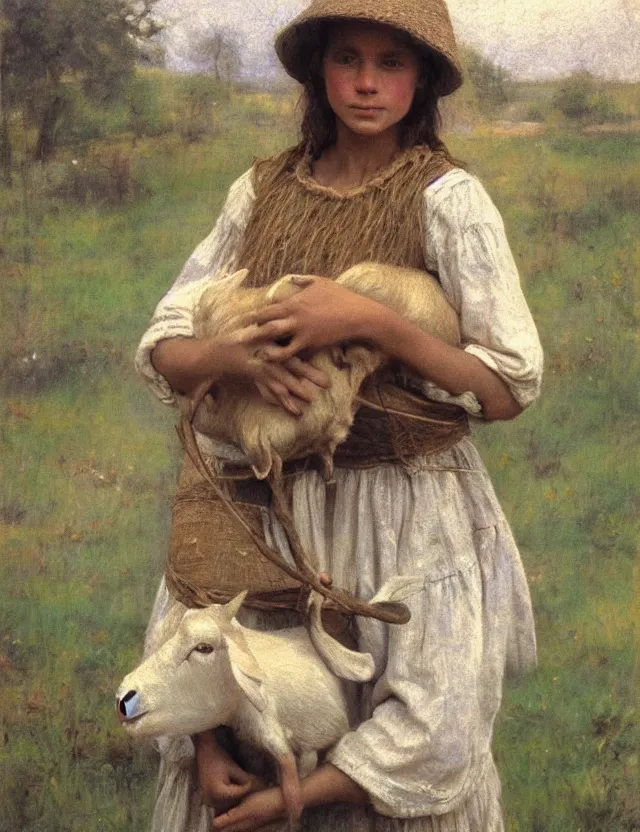 Image similar to portrait of peasant girl holding goat in her hands, cottage core, cinematic focus, polaroid photo bleached vintage pastel colors high - key lighting, soft lights, foggy, by steve hanks, by lisa yuskavage, by serov valentin, by tarkovsky, 8 k render, detailed, oil on canvas