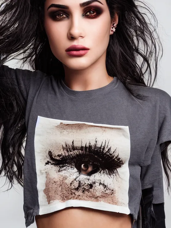 Image similar to hyperdetailed photo of a beautiful fashion star, brown eyes, dark hair, black makeup, skin, winds of winter, with ripped crop t - shirt with a logo, fine - face, pretty face