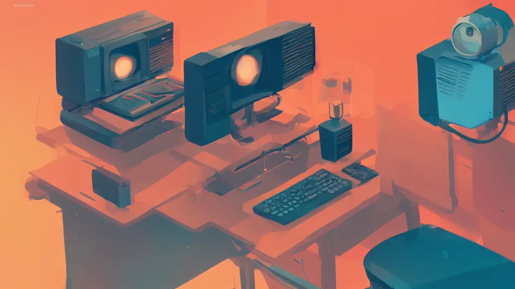 Image similar to stylized minimalist retro computer, loftis, cory behance hd by jesper ejsing, by moebius, by rhads, makoto shinkai and lois van baarle, ilya kuvshinov, rossdraws global illumination