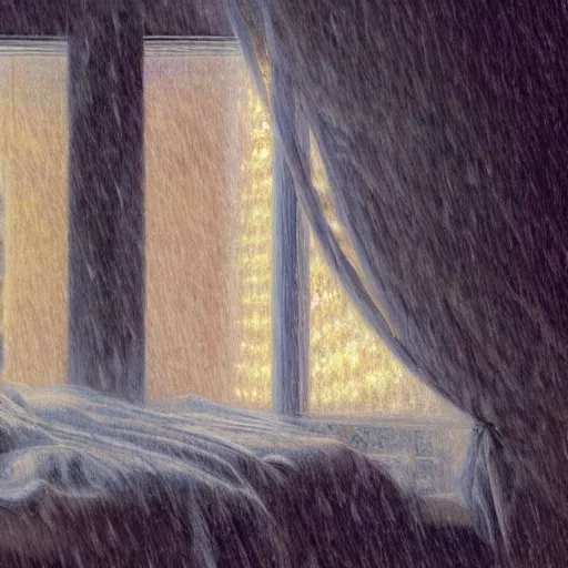 Image similar to on a rainy day, someone sits in bed, curled up under the covers, looking out the window, cinematic, artstation, extremely detailed, intricate, cinematic lighting, art by pierre - auguste renoir