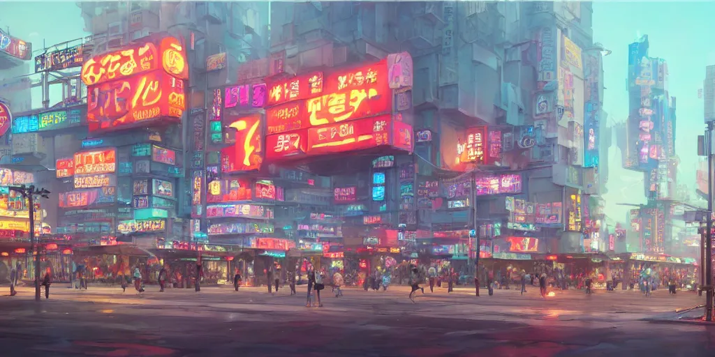 Image similar to A highly fantasy detailed matte painting of Buildings with Japanese Billboards and neonsigns by Studio Ghibli, Makoto Shinkai, by Artgerm, by WLOP, by Greg Rutkowski, volumetric lighting, octane render, 4K resolution, trending on artstation, masterpiece, simon stalenhag