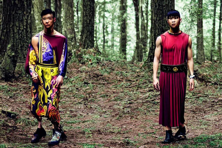 Image similar to versace avant garde male roman toga intricate textiles streetwear cyberpunk asian american in the woods overcast late evening dramatic 3 5 mm professional color