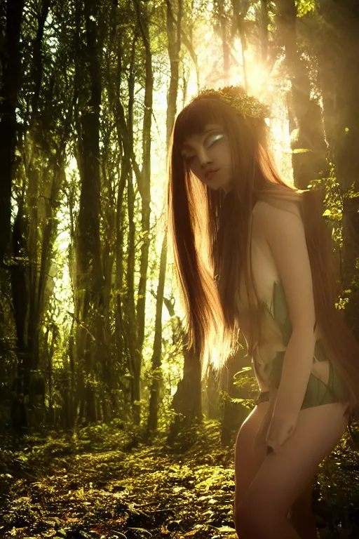 Image similar to beatiful elf princess in a secret forest, 3 / 4 chest view, hair jewellery, fully clothed, light mist, light rays sieving through the trees, shallow depth of field, by yuumei