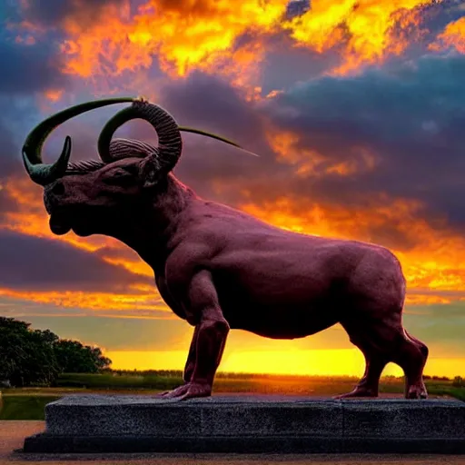 Prompt: sculpture of moloch, digital art, classical art, sharp focus, clear sky, muscular bull headed man, tropical red sunset