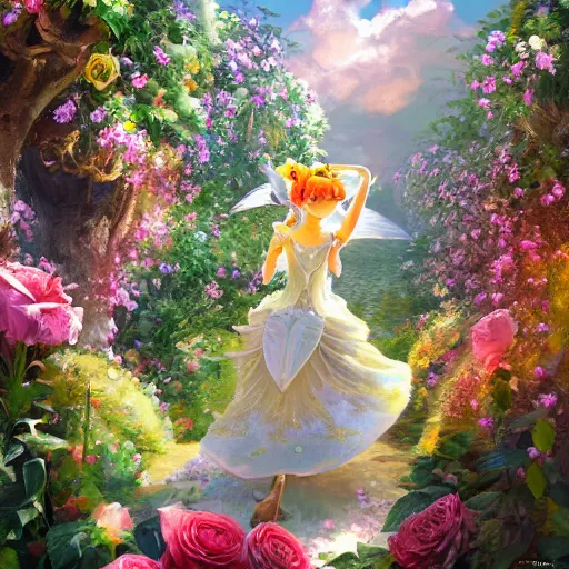 Prompt: portrait of princess peach, running through a hedge garden of exotic flowers in the Mushroom Kingdom, giant mushrooms, and roses, from behind, streets, birds in the sky, sunlight and rays of light shining through trees, beautiful, solarpunk!!!, highly detailed, digital painting by Michael Garmash and Peter Mohrbacher