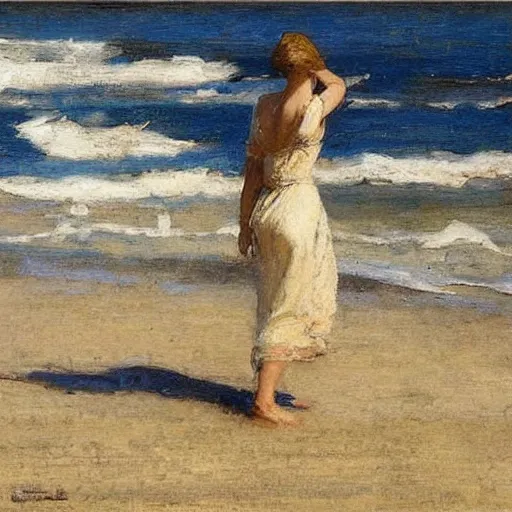 Image similar to woman on the beach, dean cornwell style