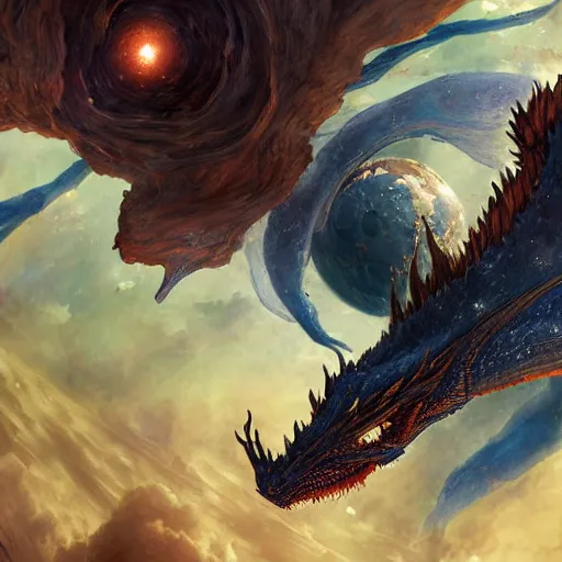 Prompt: Blue scaled dragon devouring an earth like planet while flying in space, European dragon, sun system, nebula, oil painting, by Fernanda Suarez and Edgar Maxence and Greg Rutkowski