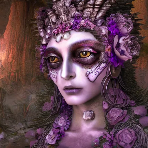 Image similar to a beautiful detailed 3d matte painting of female goddess of the dead, ominous, magical realism, texture, intricate, purple torn fabric, radiant colors, fantasy, trending on artstation, volumetric lighting, micro details, 3d sculpture, ray tracing