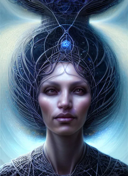 Image similar to closeup portrait shot of a cosmic sorceress in a scenic dystopian environment, intricate, elegant, highly detailed, centered, digital painting, artstation, concept art, smooth, sharp focus, illustration, artgerm, tomasz alen kopera, peter mohrbacher, donato giancola, joseph christian leyendecker, wlop, boris vallejo