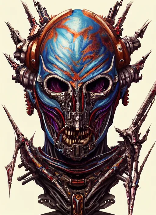 Prompt: hyper detailed ultra sharp painting of a undead biomechanical warrior trance man. trending on artstation, warpaint aesthetic, earthwave, colorful, psychedelic, ornate, intricate, digital painting, concept art, smooth, sharp focus, illustration, art by artgerm and greg rutkowski and h. r. giger, 8 k