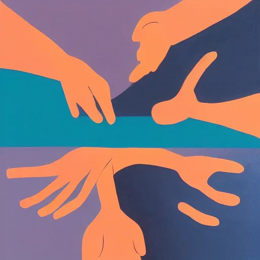 Image similar to A painting of two hands reaching out of a river, abstract painting in the style of Sophie Taeuber-Arp and Gary Hume and Tatsuro Kiuchi, flat colour-block style, geometric abstraction, earthy light pastel colours