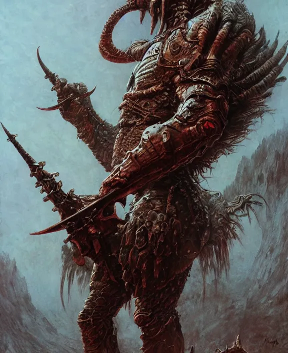 Prompt: beastman concept, wearing tribal armor, beksinski, wayne barlowe, adrian smith fantasy art, the hobbit art, the witcher concept art, trending on artstation,