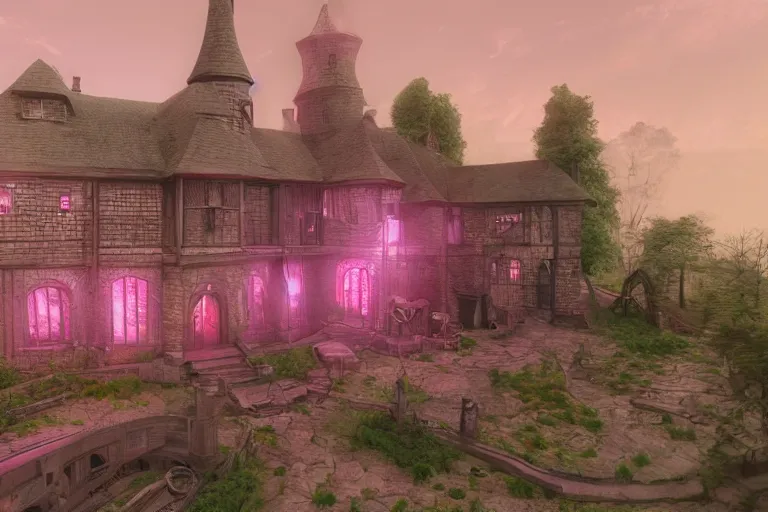 Image similar to mill of the mansion, art by den beauvais and rudolph belarski and thomas kidd, trending on artstation, iridescent pink lighting product view blueprint, narrative realism, featured on artstation, unreal engine 5, brocade