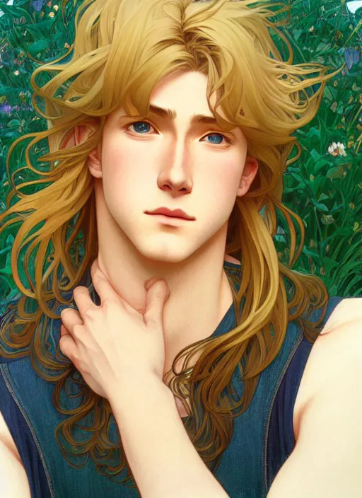 Image similar to pretty young man with shoulder length shiny shimmering golden blond hair, path traced, highly detailed, high quality, digital painting, by studio ghibli and alphonse mucha, leesha hannigan, makoto shinkai, disney