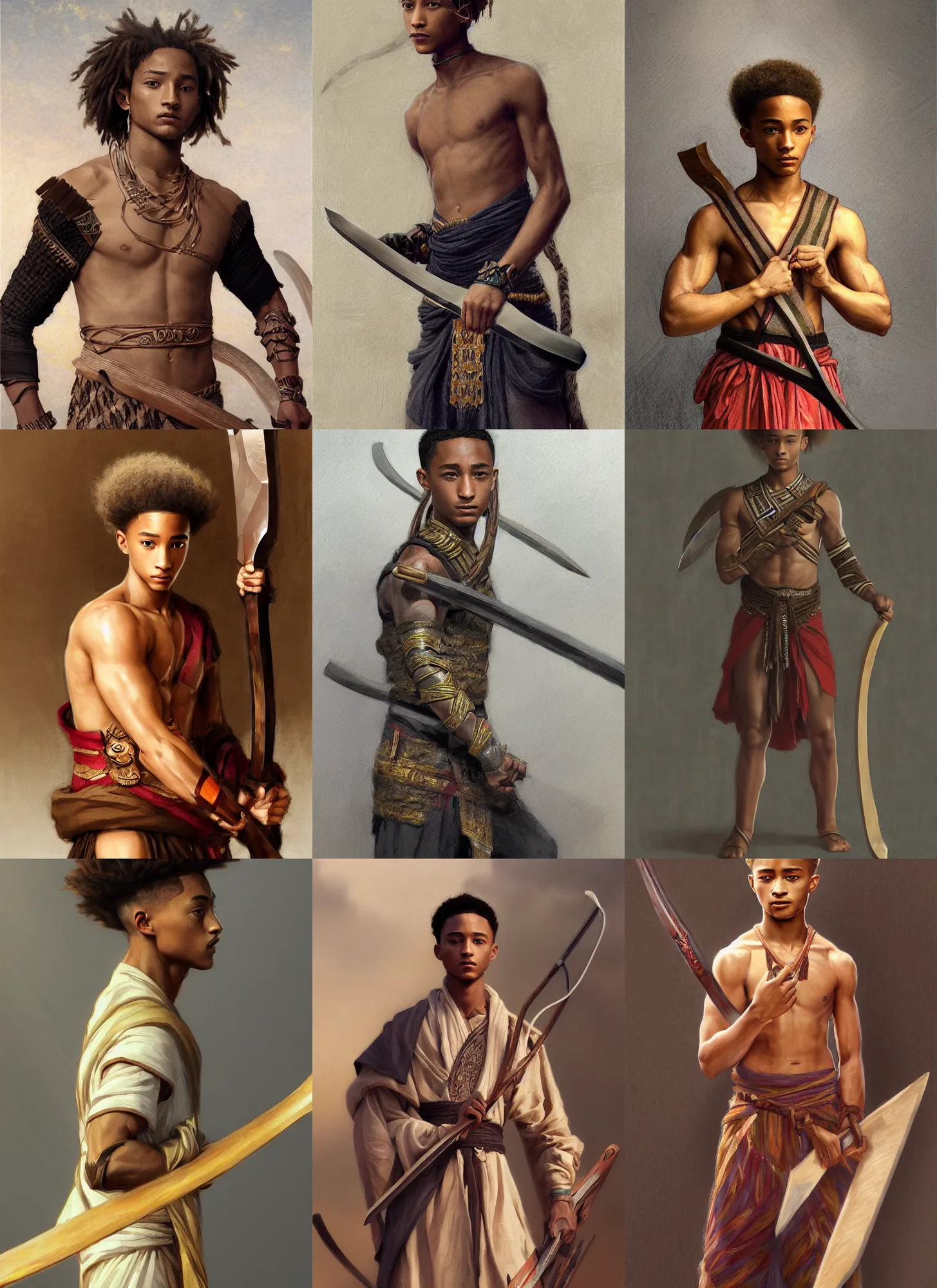 Prompt: portrait bald young jaden smith as ancient libu warrior, striped cloth, holding khopesh, intricate, elegant, highly detailed, digital painting, artstation, concept art, smooth, sharp focus, illustration, orientalism, bouguereau, rutkowski, mucha