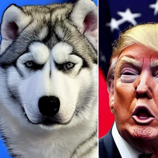 Prompt: donald trump bitten by husky painted