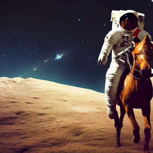 Image similar to professional photo of astronaut riding a horse on the moon, hyperrealistic masterpiece, trending on artstation, cgsociety, kodakchrome, golden ratio, cinematic, composition, beautiful lighting, hyper detailed, octane render, 4 k, unreal engine, low angle shot