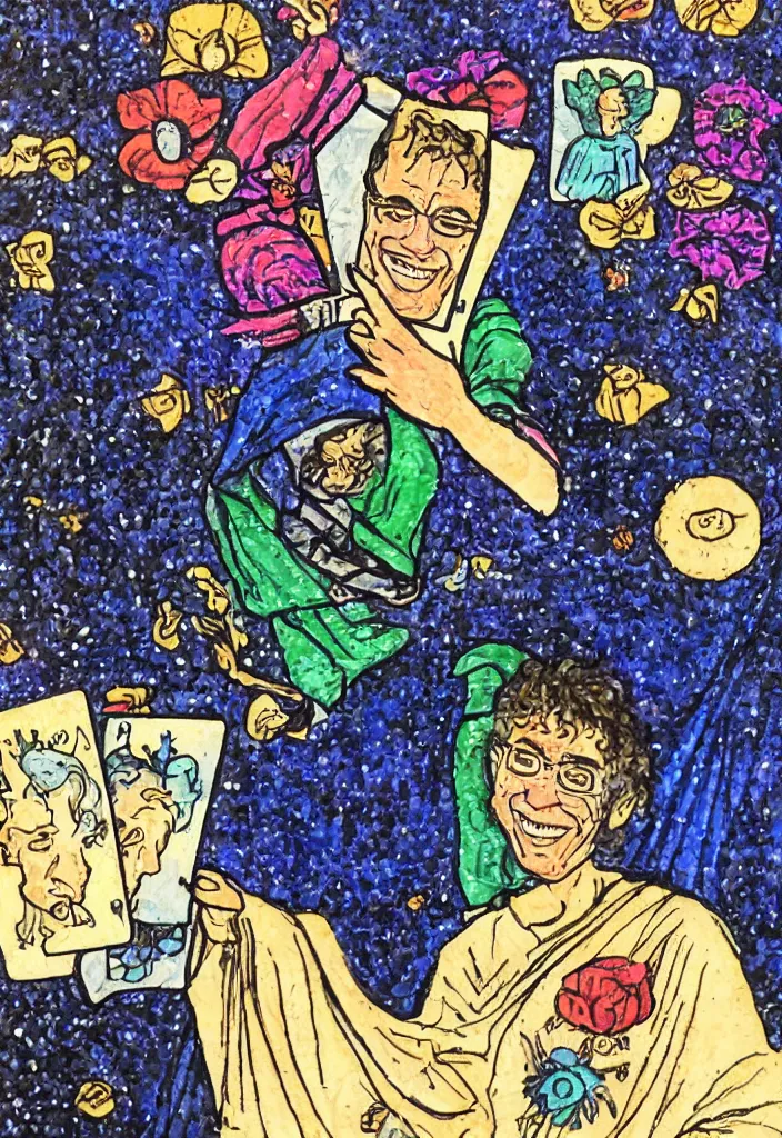 Prompt: Yoshua Bengio smiling on the Tarot card. Illustration.