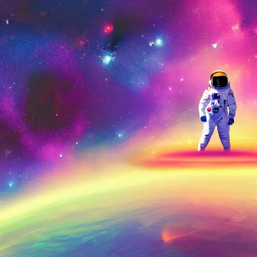 Prompt: An astronaut floating alone in space with a colorful complex galaxy in the background, digital art