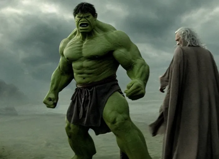 Image similar to the hulk starring as gandalf in lord of the rings, film still in the new batman movie, 4 k