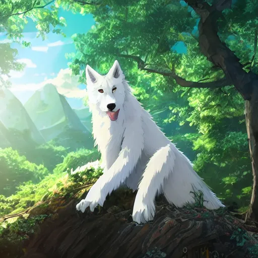 Image similar to highly detailed digital art of a magestic white wolf standing on an overgrown fallen tree trunk, lush surroundings, sunshine, kimi no na wa, trending on artstation, tranquil