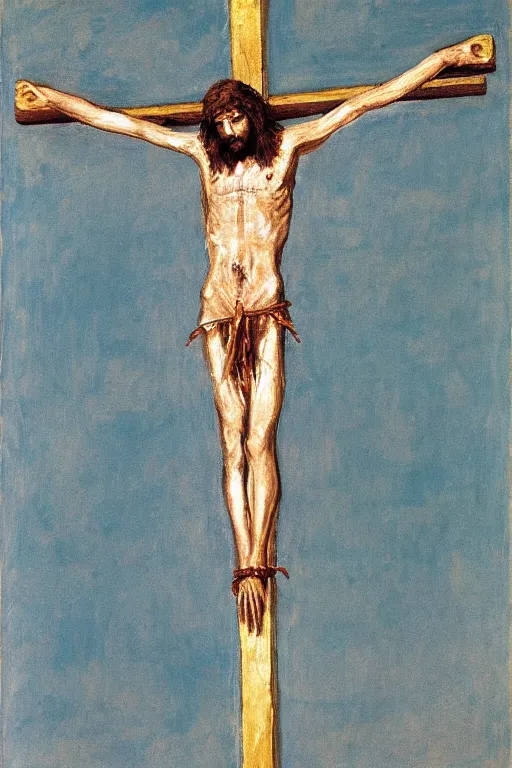 Image similar to bloody jesus christ crucified painted by cy twombly and alex katz