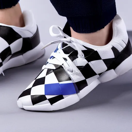 Prompt: sport shoes with checkerboard pattern, product photo, studio lighting, highly detailed