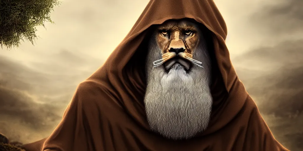 Image similar to a hooded wise old man with a long white beard wearing a brown hooded tunic riding a ( beautiful lion ), majestic, epic digital art, cinematic, trending on artstation, superb detail 8 k, wide - angle, masterpiece