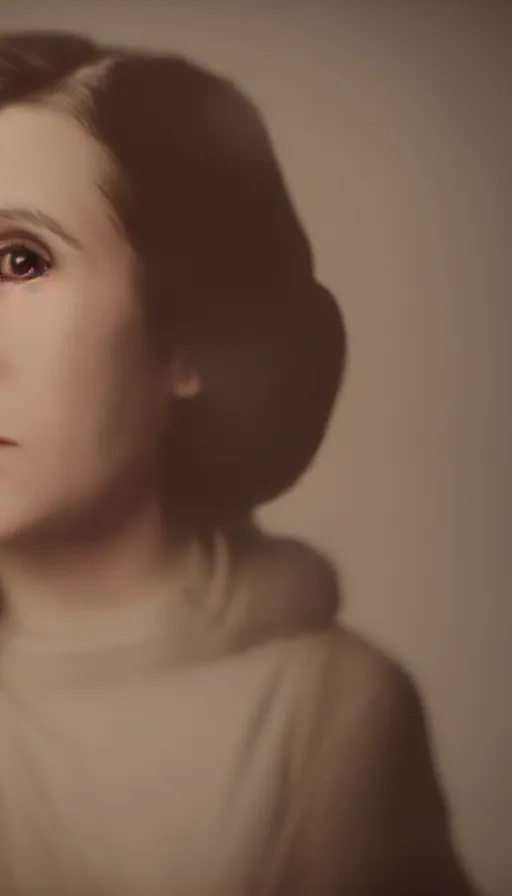 Image similar to a portrait of young carrie fisher, in the style of gottfried helnwein, dirk dzimirsky, gustave courbet, dramatic studio lighting, 3 5 mm f 1. 4 lens depth of field, octane render 8 k