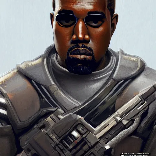 Image similar to Kanye West as a space soldier, Sci-Fi closeup character art by Neil Roberts and Marc Lee and Vladimir Krisetskiy and Donato Giancola and Craig Mullins, digital art, trending on artstation