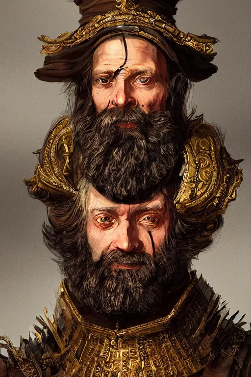 Image similar to portrait, headshot, digital painting, of a old 17th century, bearded cyborg merchant, amber jewels, baroque, ornate clothing, realistic, hyperdetailed, chiaroscuro, concept art, art by Franz Hals