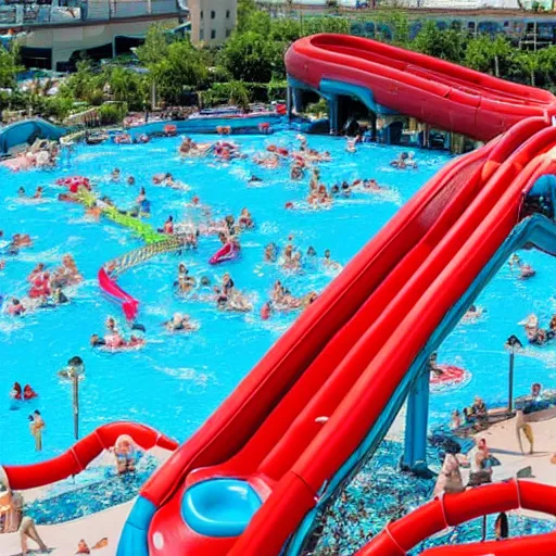 Image similar to the ugliest 1 star waterpark in the world with red dark water filled with trash, cracked broken slides, crowded,