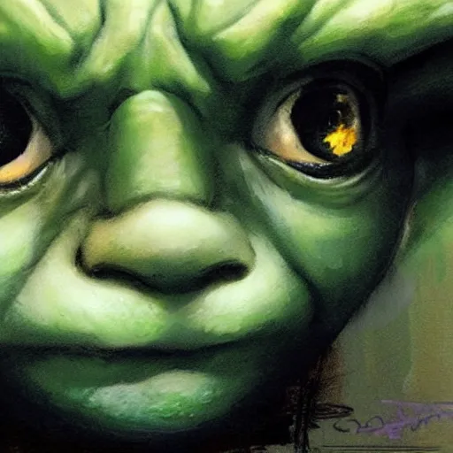 Image similar to portrait of a sad baby yoda looking at the burning world, artwork by guy denning and charlie bowater,