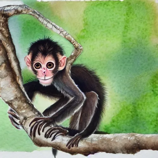 Prompt: A realistic watercolour painting of a baby spider monkey in a tree, fine detail, washed out background