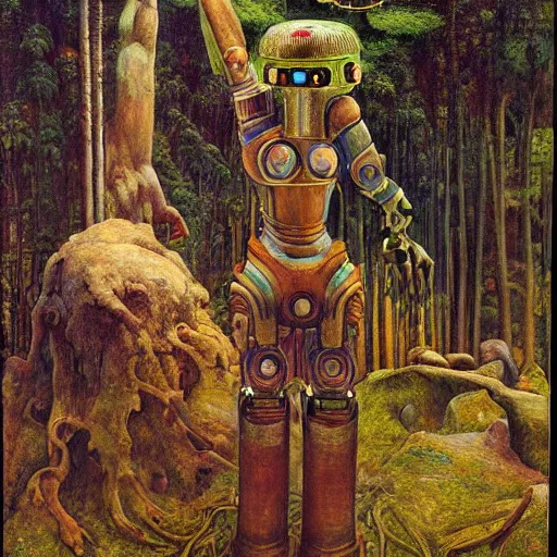 Image similar to robot seizes his forest crown, by Annie Swynnerton and Diego Rivera and Elihu Vedder, symbolist, dramatic lighting, elaborate geometric ornament, Art Brut, soft cool colors,smooth, sharp focus, extremely detailed, Adolf Wölfli and Donato Giancola